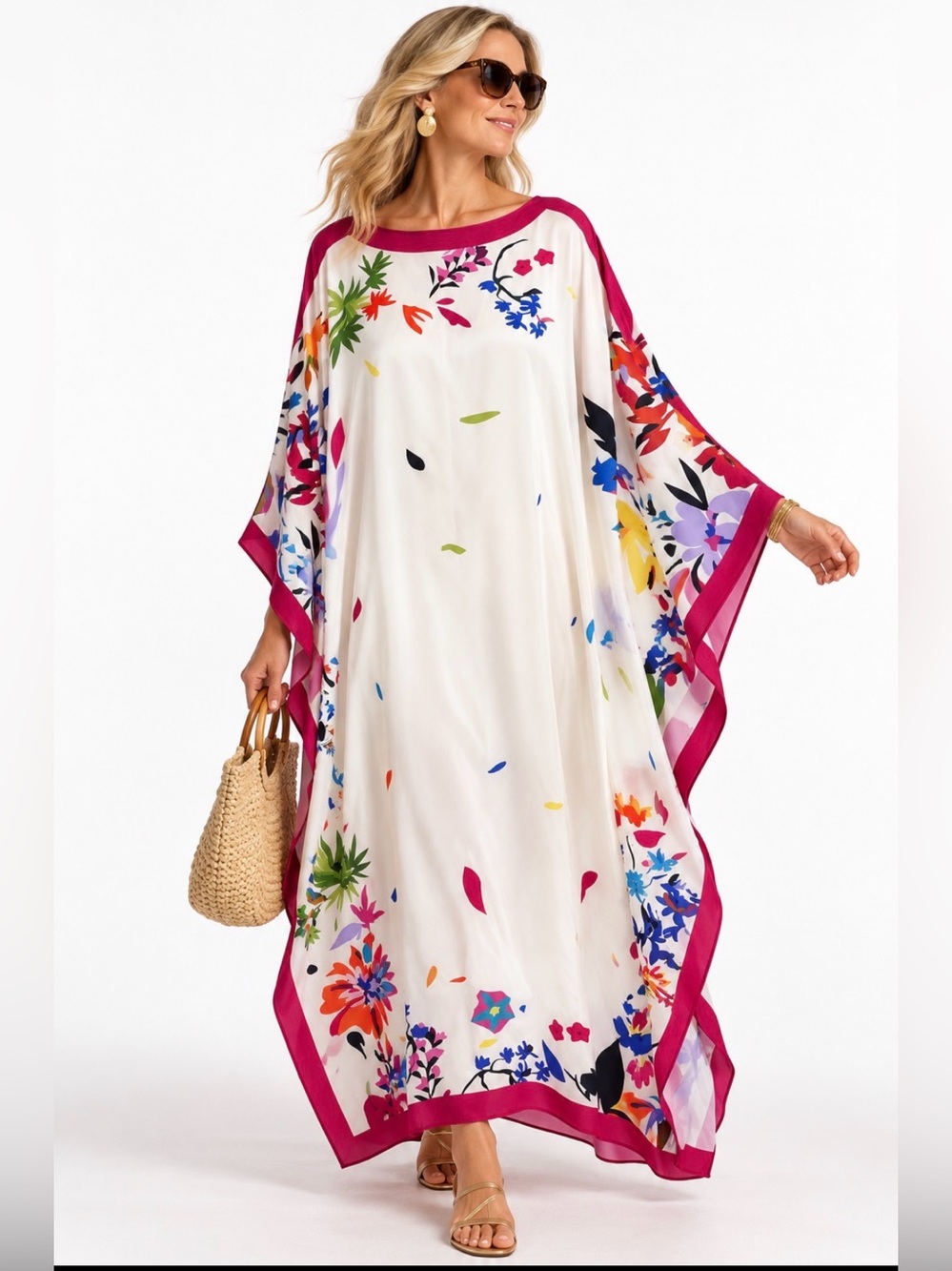 Boho Floral Caftan Maxi Dress One Size Resort Wear Magenta Border
